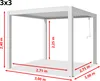 A white aluminum pergola with dimensions indicated by red arrows and text. Náhled obrázku produktu