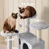 Two cats are on a grey cat tree with dimensions indicated by text overlays. Produktbild-Vorschau