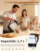 A family (man, pregnant woman, child) in a kitchen setting, with the man pouring water from a kettle into a glass. There are also glasses of water and milk, and bread on the counter. A separate image of the kettle is shown with dimensions. Produktbild-Vorschau
