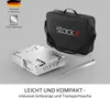 A disassembled grill, a carrying bag, and tongs are displayed on a light gray background, with German text and icons in the upper left corner. Produktbild-Vorschau