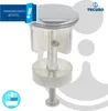 A close-up of a sink drain stopper mechanism with a brand logo and informational overlay. Produktbild-Vorschau