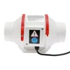 A white inline duct fan with red accents and a control box with warning symbols. Voir les images du produit