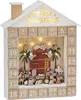 A wooden advent calendar shaped like a house, decorated with a nativity scene and illuminated with LED lights. Anteprima dell’immagine prodotto