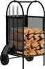A black metal firewood rack filled with logs, shown from a front-side angle. Podgląd zdjęcia produktu