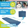A collage of images showing a family and dog in a car, a folded mattress, and an unfolded mattress with dimensions. Produktbild-Vorschau