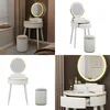 Collage of a white vanity table with a lighted mirror and stool in different settings. Podgląd zdjęcia produktu
