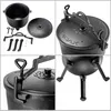A collage of four close-up images of a black cast iron pot with its lid and accessories. Podgląd zdjęcia produktu