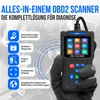 A hand wearing a black glove holds an OBD2 scanner in front of a blurred car interior. Text and icons on the left describe the scanner's features. Produktbild-Vorschau