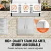 A stainless steel outdoor kitchen cabinet door is shown mounted on a brick wall, with other stainless steel drawers to the left. Text overlays highlight product features and benefits. Náhľad obrázku produktu