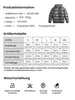 Product information and size chart for a jacket, including washing instructions. Produktbild-Vorschau