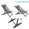 Two images of a grey deck chair, one showing the chair in a more reclined position than the other, with a close-up view of the adjustable back mechanism below. Voir les images du produit