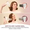 A woman is shown using a white hairdryer with different attachments, demonstrating its use for styling hair. Voir les images du produit