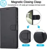 A black flip-style phone case is shown with close-ups of its magnetic clasp and closure mechanism, along with text highlighting its features. Produktbild-Vorschau