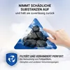 A hand is shown touching a pile of charcoal pieces within a blue triangle graphic, with text overlays describing the product's function. Produktbild-Vorschau