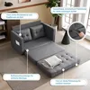 A gray sofa bed is shown in a living room setting, with callouts highlighting its features. Produktbild-Vorschau