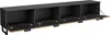 A long, black TV lowboard with four open compartments and a wood-colored base. Náhled obrázku produktu
