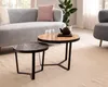 Couchtisch Set 2-teilig Akazie Massivholz Steinoptik Metallgestell Rund in Gesamtansicht mit grauem Sofa im Wohnzimmer. Produktbild-Vorschau