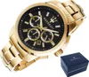 A gold Maserati chronograph watch with a black dial is displayed on a white background, alongside its dark blue presentation box. Náhled obrázku produktu