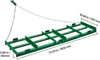 A green metal landscape rake with dimensions indicated by text overlays. Produktbild-Vorschau