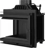 A black metal fireplace insert with glass doors and a chimney flue. Produktbild-Vorschau