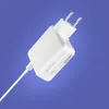 A white power adapter with a white cable against a blue background. Produktbild-Vorschau