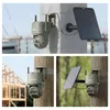 Collage of a security camera with a solar panel mounted on different surfaces (pole, wall, tree). Podgląd zdjęcia produktu