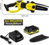 A product shot of a cordless chainsaw and its accessories, including a charger and battery, against a white background. Dimensions are indicated. Produktbild-Vorschau