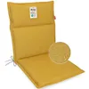 A yellow outdoor chair cushion is shown against a white background. A close-up inset shows water droplets on the fabric, indicating water resistance. Produktbild-Vorschau
