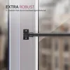 A close-up view of a black curtain rod attached to a white window frame, with text overlays. Produktbild-Vorschau