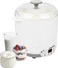 A white yogurt maker with a clear lid, shown with a glass of milk, a jar of yogurt, and a parfait in a jar. Náhled obrázku produktu