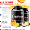 Marketing image for a post-workout supplement with product containers, fruit, and text. Produktbild-Vorschau