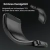 A black phone case is shown with text describing its features. Produktbild-Vorschau