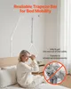 A woman sits on a bed, holding onto a trapeze bar attached to a bed lift system. Text overlays describe the product's features. Anteprima dell’immagine prodotto