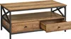 A coffee table with a wooden top and black metal frame, featuring two drawers, one of which is open. Produktbild-Vorschau