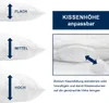 Image shows a pillow with different height options and an illustration of how to adjust the filling. Produktbild-Vorschau