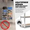 A metal shelving unit filled with various storage boxes and items, with marketing text overlayed on the right side. Produktbild-Vorschau