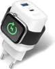 A white charging station with USB-C and USB-A ports, and a black Apple Watch attached, showing a charging icon on its screen. Produktbild-Vorschau
