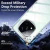 A clear phone case is shown on a dark, rocky surface, with graphics indicating drop protection. Produktbild-Vorschau