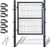 A dark gray metal garden gate with a silver handle and lock mechanism, shown with several metal mounting brackets and two silver keys on a white background. Produktbild-Vorschau