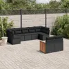 A patio set with black cushions and a wooden accent is arranged on a brick patio, with a fence and greenery in the background. Anteprima dell’immagine prodotto