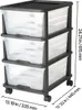A three-drawer storage cart with wheels, shown in a studio setting with dimensions indicated. Produktbild-Vorschau