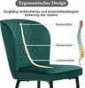 A close-up of a green velvet chair with text overlays highlighting ergonomic features and an illustration of a human spine. Produktbild-Vorschau