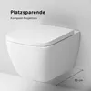 A white wall-mounted toilet is shown against a white and light gray background. Text overlays indicate features. Produktbild-Vorschau