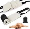 A dog lying on a white surface next to a rolled-up dog support sling and a small black bag. Produktbild-Vorschau