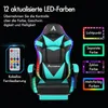 A gaming chair with LED lighting and a remote control, presented with text overlays describing its features. Produktbild-Vorschau
