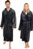 A man and a woman are standing side-by-side, both wearing dark gray hooded bathrobes. Produktbild-Vorschau