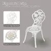 A white metal chair with a rose design, shown with close-up insets highlighting its features. Náhľad obrázku produktu