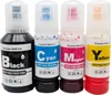 Four bottles of refill ink for printers, labeled Black, Cyan, Magenta, and Yellow. Produktbild-Vorschau