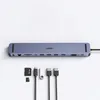 A gray USB-C docking station with various ports is shown on a white background, along with several cables and memory cards. Produktbild-Vorschau
