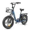 A blue electric bicycle with fat tires, a front basket, and a rear rack, shown against a white background. Produktbild-Vorschau
